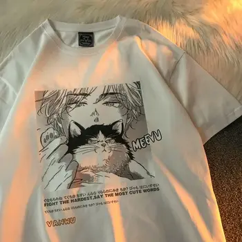 Памучен лятна тениска с къс ръкав в японския аниме, Мъжки Свободна градинска дрехи, Блузи Y2k, Ins, на Главната улица, Гръндж, Готически Ризи в стил харадзюку