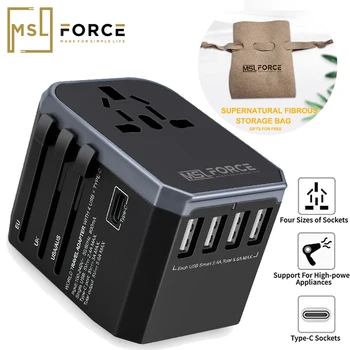 MSL Универсален Адаптер за пътуване на Едно Международно Стенно Зарядно Устройство Адаптер на променлив Ток с 5.6 A Smart Power 3.0 A USB Type-C За САЩ, ЕС, Великобритания