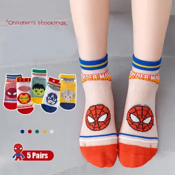 5 Чифта Детски чорапи с Изображение на Човека-Паяк Marvel, Iron man, Памучни Летни Тънки Дишащи Детски чорапи за малки момчета, къси чорапи от 1 до 12 години