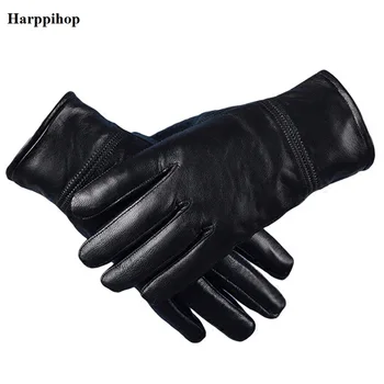 Harppihop Мъжки Ръкавици От Естествена Кожа, Черни Ръкавици От Естествена овча кожа без Докосване на Екрана, Модни Маркови Зимни Топли Ръкавици, Новост G1005