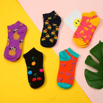 Летни чорапи-лодки, мъжки и женски същите леки и удобни памучни чорапи с нисък покрив, плодови чорапи с смайликами животни, трендови памучни чорапи