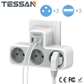 Разклонител контакта TESSAN EU с 3 френски контакти и 3 USB порта, мулти-конектори Power strip със защита от претоварване за Дома