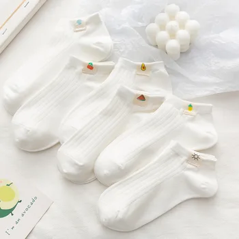 6 Чифта Женски Чорапи от чист памук е с бял Плодов Модел, Невидим за Кратко Лято и Невидими Чорапи Kawaii Квалификация