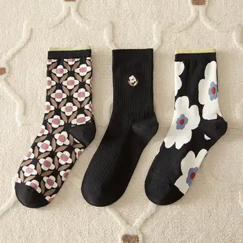 3 чифта/лот, пролетно-лятна Тънка Цветна бродерия, Дамски памучни Чорапи в японски стил за момичета в стил Колеж, INS, Черен Цветен чорап