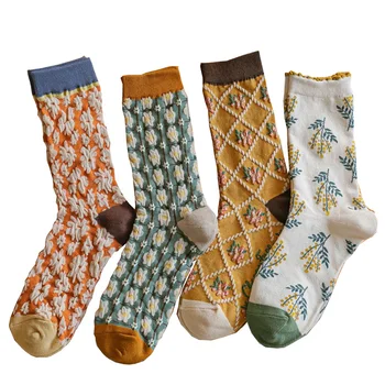 4 Двойки от Висококачествени Чорапи с Принтом За Жени, Модни Дълги Памучни Чорапи, Зимни Чорапи за Колоездене, Кавайные Дамски Чорапи в Японски Стил