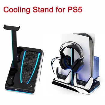 За PS5 Контролер Охлаждащ Вентилатор Станция RGB Подсветката Вертикална Поставка База Dual Fan Кука за Слушалки, стойка за Конзолата на Sony PS5