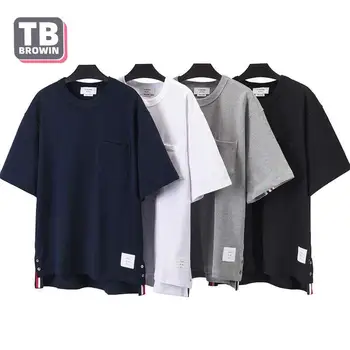 TB BROWIN мъжка тениска брандираната памучен тениска с кръгла яка в ивица с четири ивици корейската версия на усвояване на пот за почивка с къс ръкав