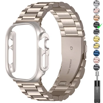 Каишка от Неръждаема Стомана + Калъф за Apple Watch Band Ultra 49 мм Метална Гривна Калъф iWatch Series 8 7 45 мм 41 мм Броня Гривна