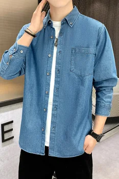 2021 нова индивидуална мъжка риза с дълъг ръкав, персонални риза, рекламирующая A916, на деним плат от чист памук, светло синьо