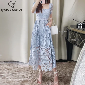 Цян Хан Zi лятното модно бельо рокля Дамско Елегантен обемен украса с бродирани куха аппликацией тънката рокля до средата на прасците