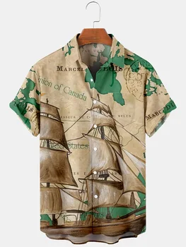 2021 мъжка мода модни риза с шарени лодки и самолети за отдих, лятна ежедневни риза с къс ръкав и копчета, с ревери